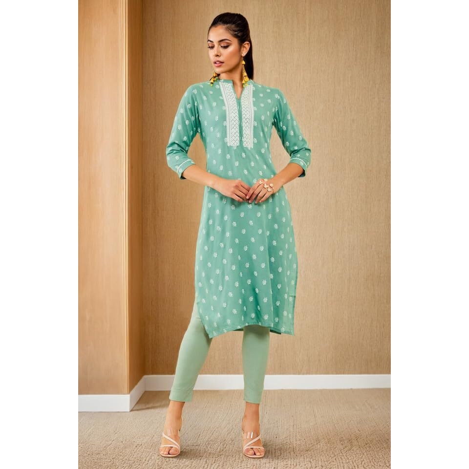 Soch Womens Green Rayon Embroidered Kurta With Thread Work