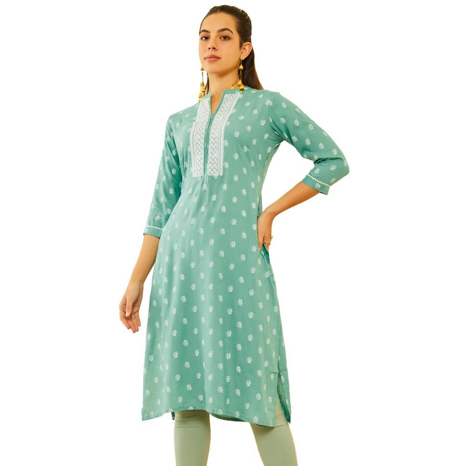 Soch Womens Green Rayon Embroidered Kurta With Thread Work