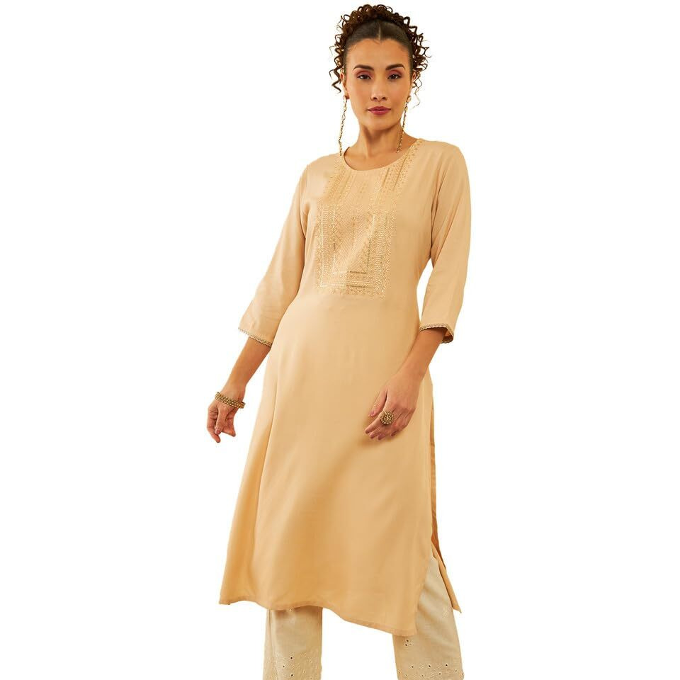 Soch Womens Beige Rayon Yoke Design Straight Kurta With Sequins