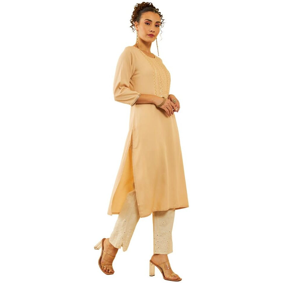Soch Womens Beige Rayon Yoke Design Straight Kurta With Sequins