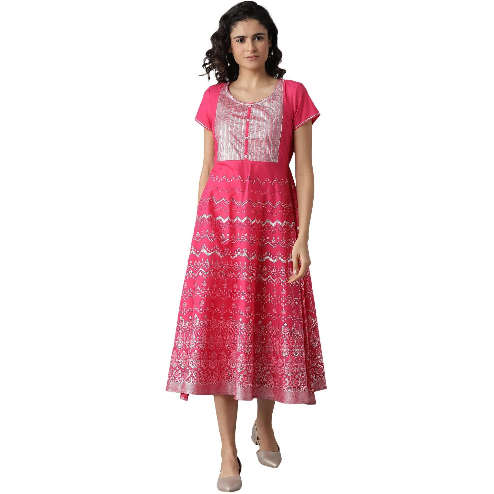 Pink Flared Ethnic Kurta In Round Neck