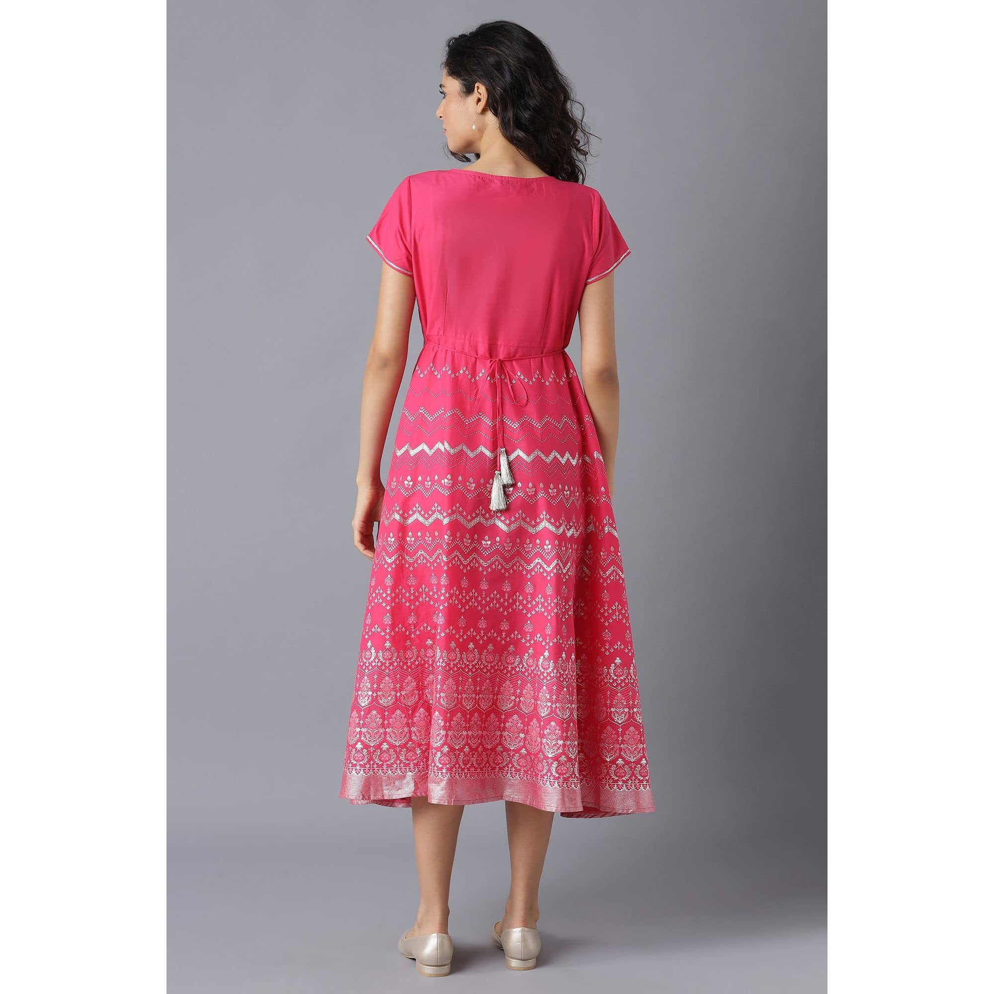Pink Flared Ethnic Kurta In Round Neck