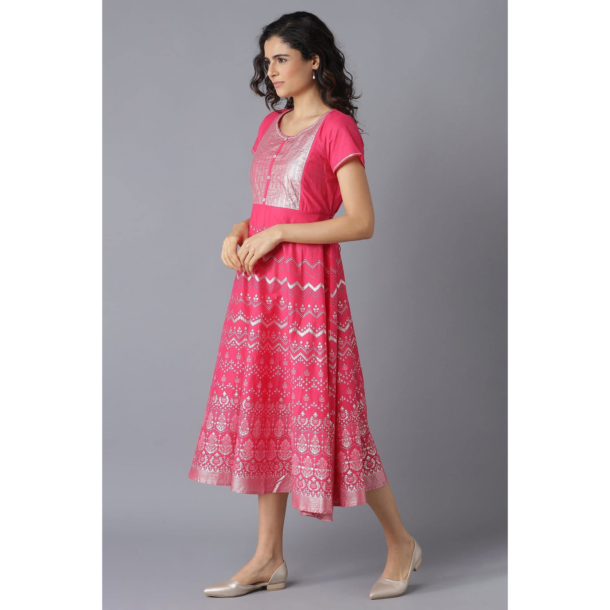 Pink Flared Ethnic Kurta In Round Neck