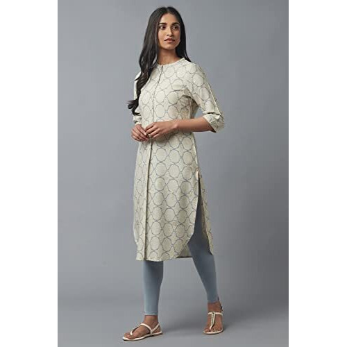 W For Woman Women's Rayon Geometric Regular Kurta (22Few17271-116748_Moonbeam Grey_2Xl)