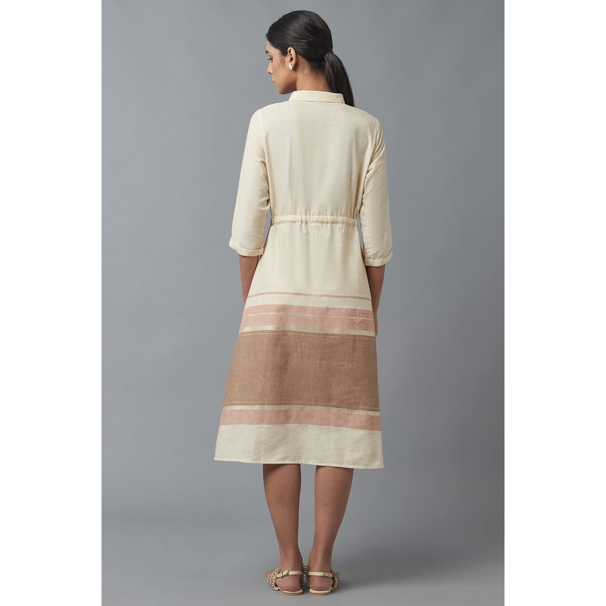 W For Woman Women's Cotton Blend Ecru Printed Shirt Dress Below The Knee (22Few17273B-116730_New Semolina S)