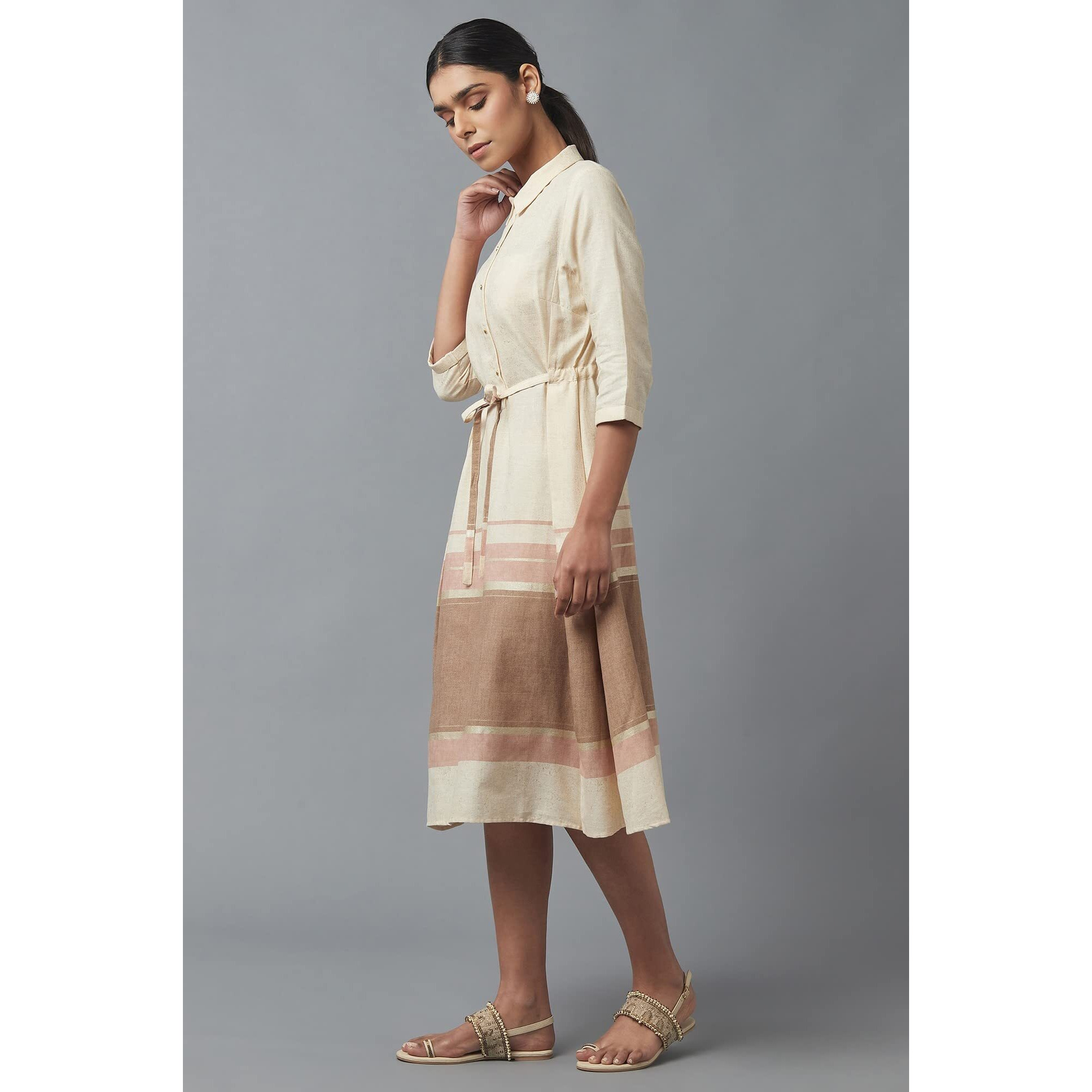 W For Woman Women's Cotton Blend Ecru Printed Shirt Dress Below The Knee (22Few17273B-116730_New Semolina S)