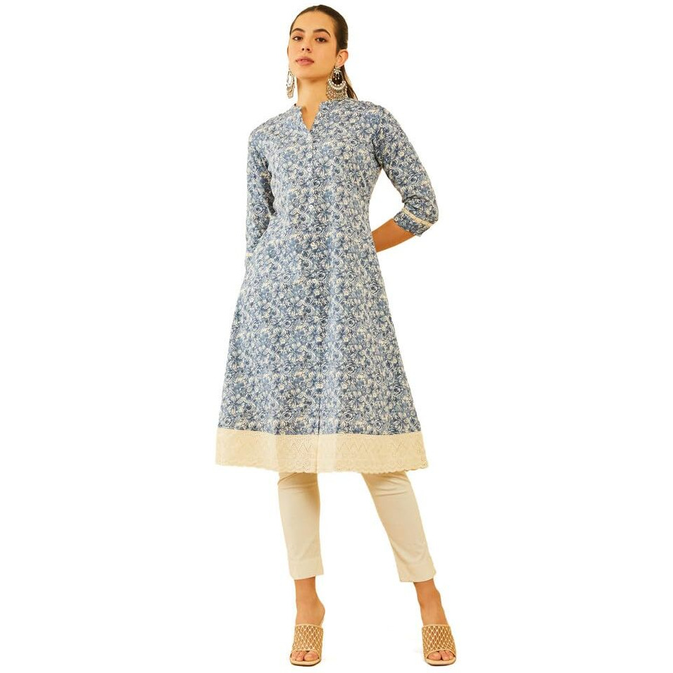 Soch Womens Blue Cotton Floral Printed A-Line Kurta