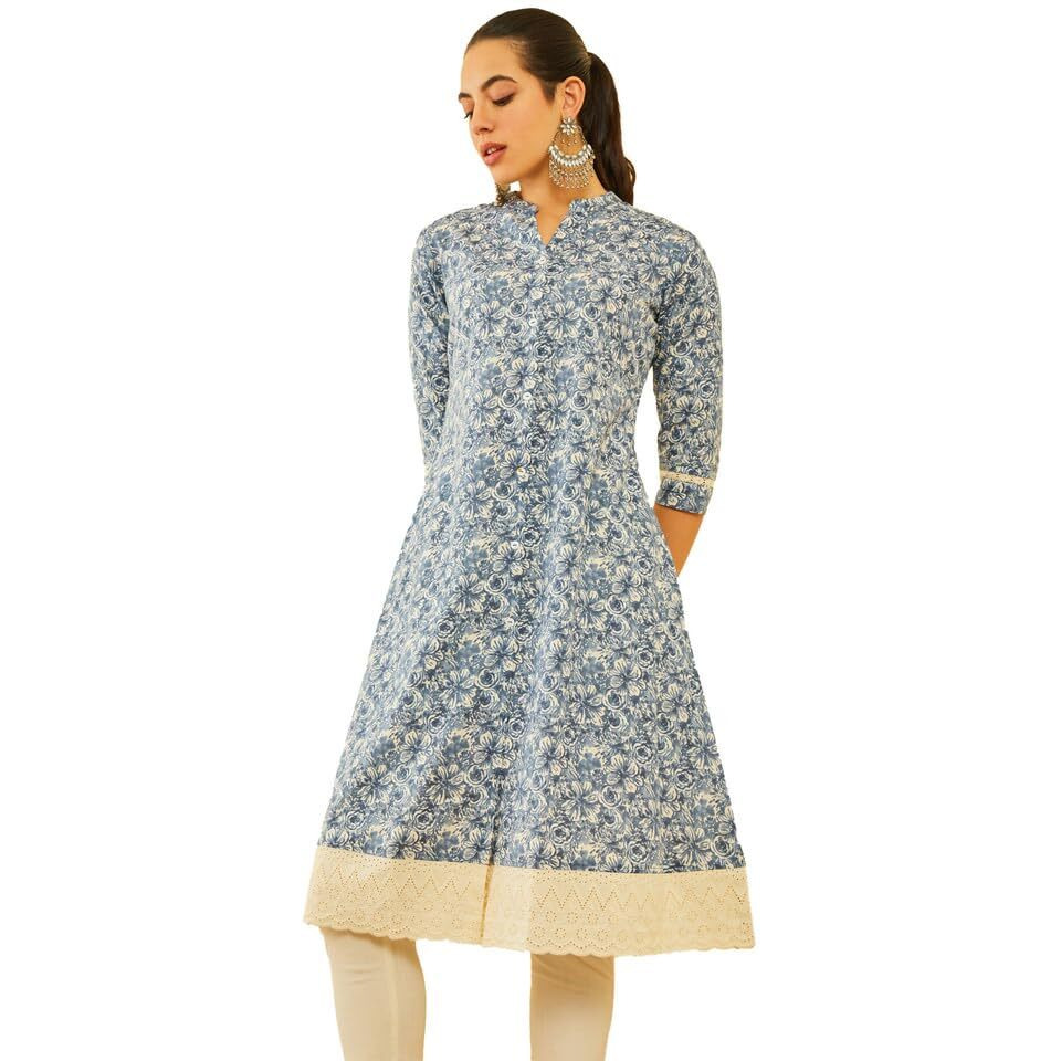 Soch Womens Blue Cotton Floral Printed A-Line Kurta