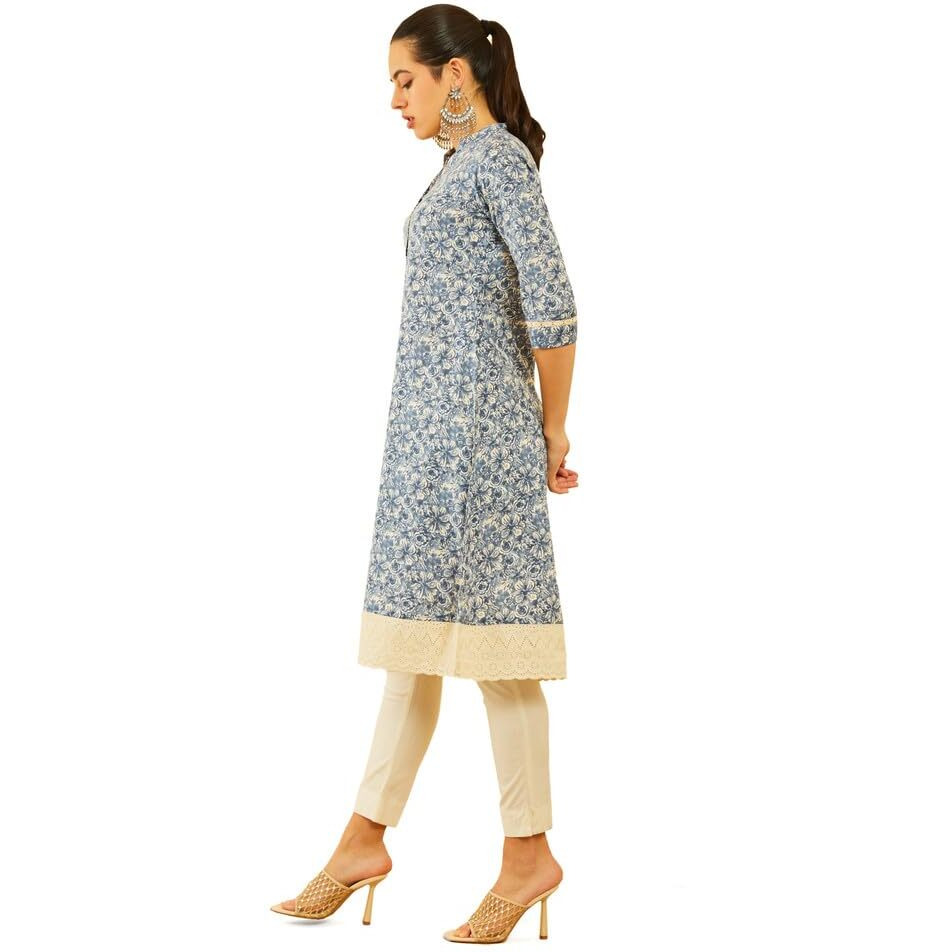 Soch Womens Blue Cotton Floral Printed A-Line Kurta