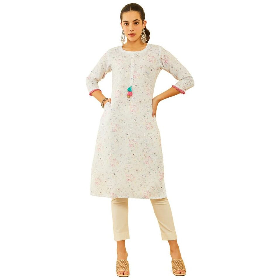 Soch Womens White Viscose Blend Botanical Printed Kurta With Tassels