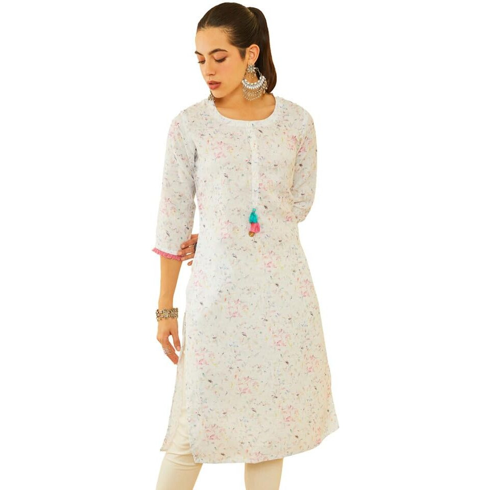 Soch Womens White Viscose Blend Botanical Printed Kurta With Tassels