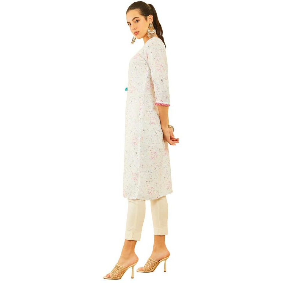 Soch Womens White Viscose Blend Botanical Printed Kurta With Tassels