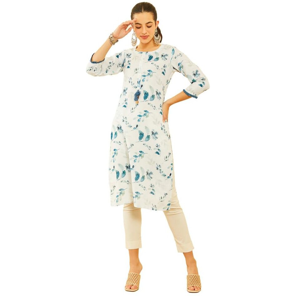 Soch Womens White Viscose Blend Botanical Printed Kurta With Tassels