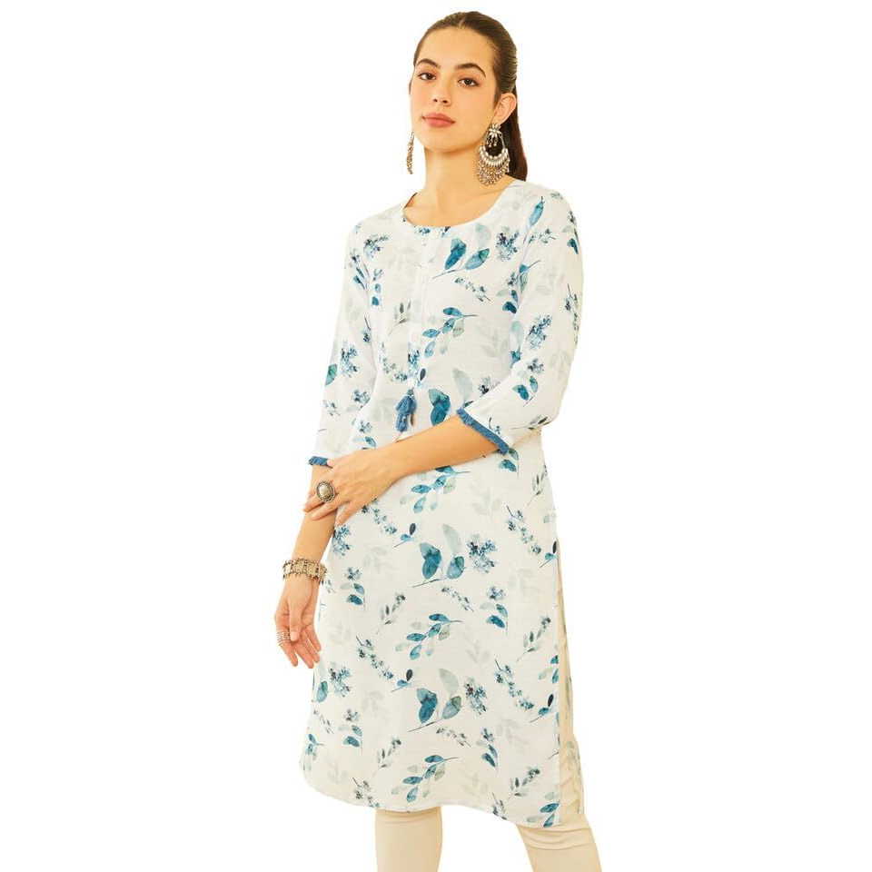 Soch Womens White Viscose Blend Botanical Printed Kurta With Tassels