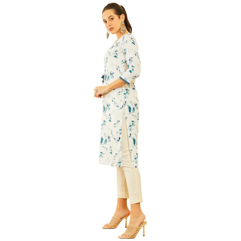 Soch Womens White Viscose Blend Botanical Printed Kurta With Tassels