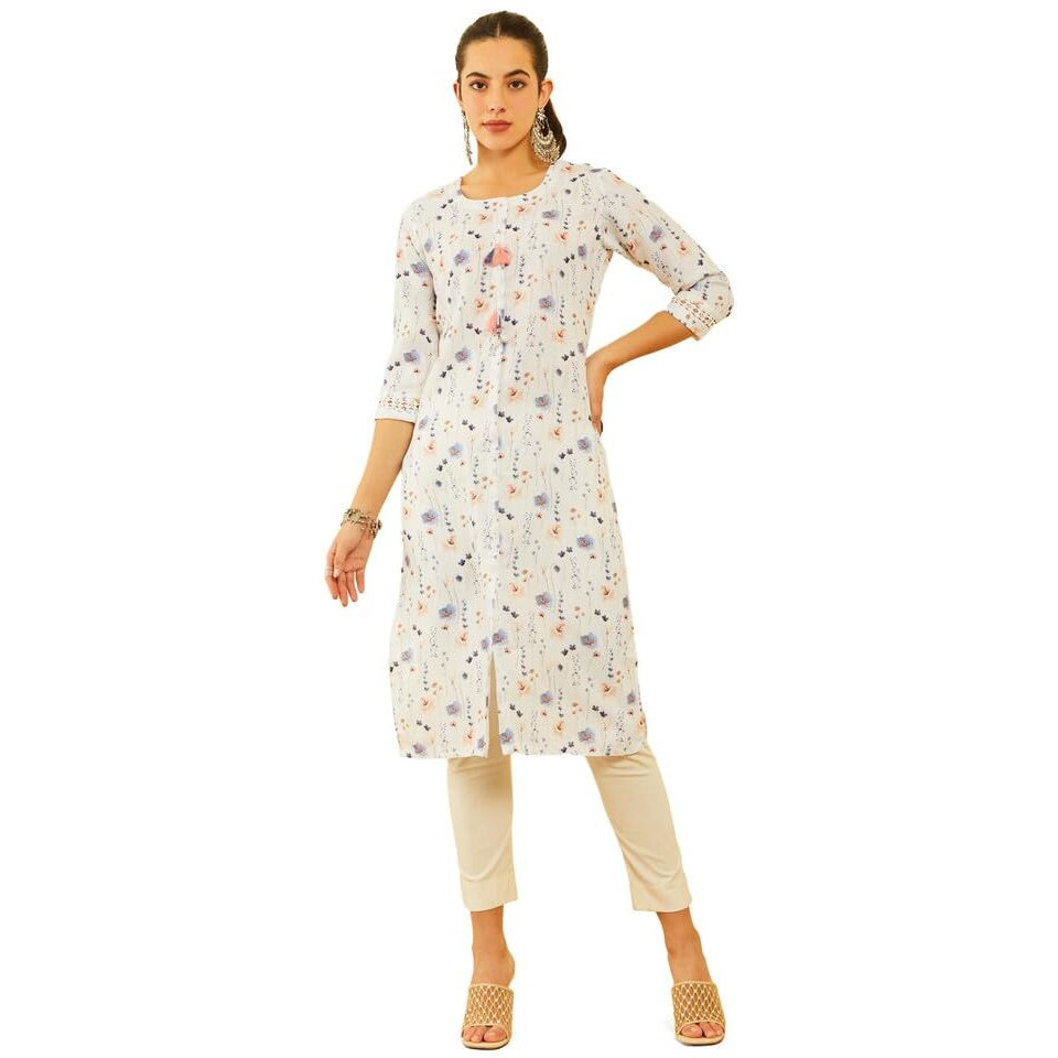 Soch Womens White Viscose Blend Floral Print Kurta With Tassels