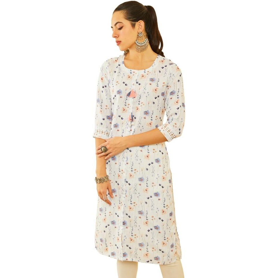 Soch Womens White Viscose Blend Floral Print Kurta With Tassels