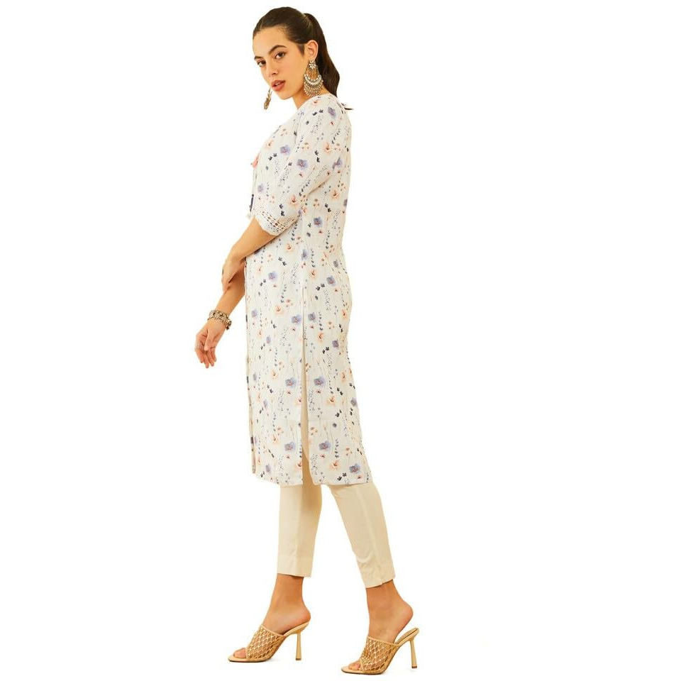 Soch Womens White Viscose Blend Floral Print Kurta With Tassels