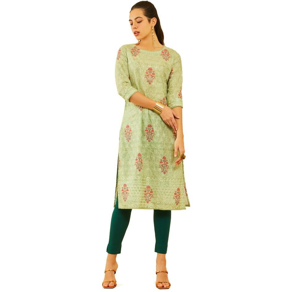 Soch Womens Sap Green Poly Cotton Floral Printed Kurta With Embroidered Details