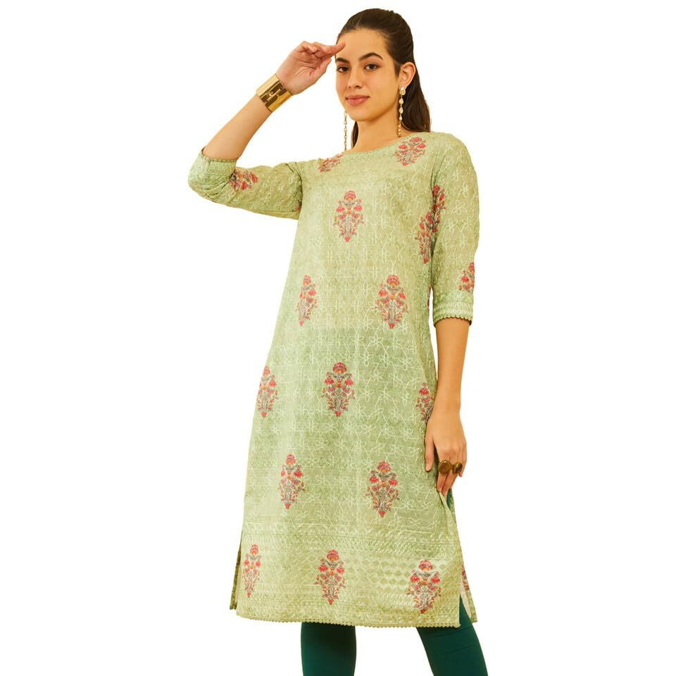 Soch Womens Sap Green Poly Cotton Floral Printed Kurta With Embroidered Details