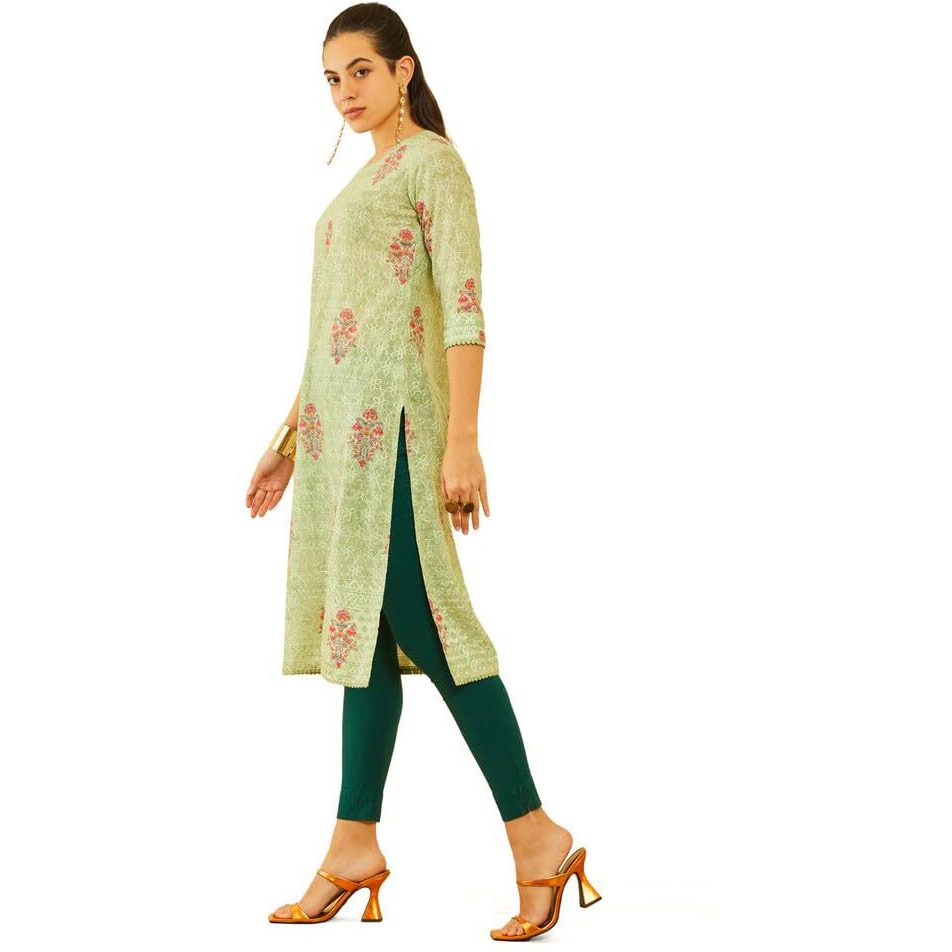 Soch Womens Sap Green Poly Cotton Floral Printed Kurta With Embroidered Details