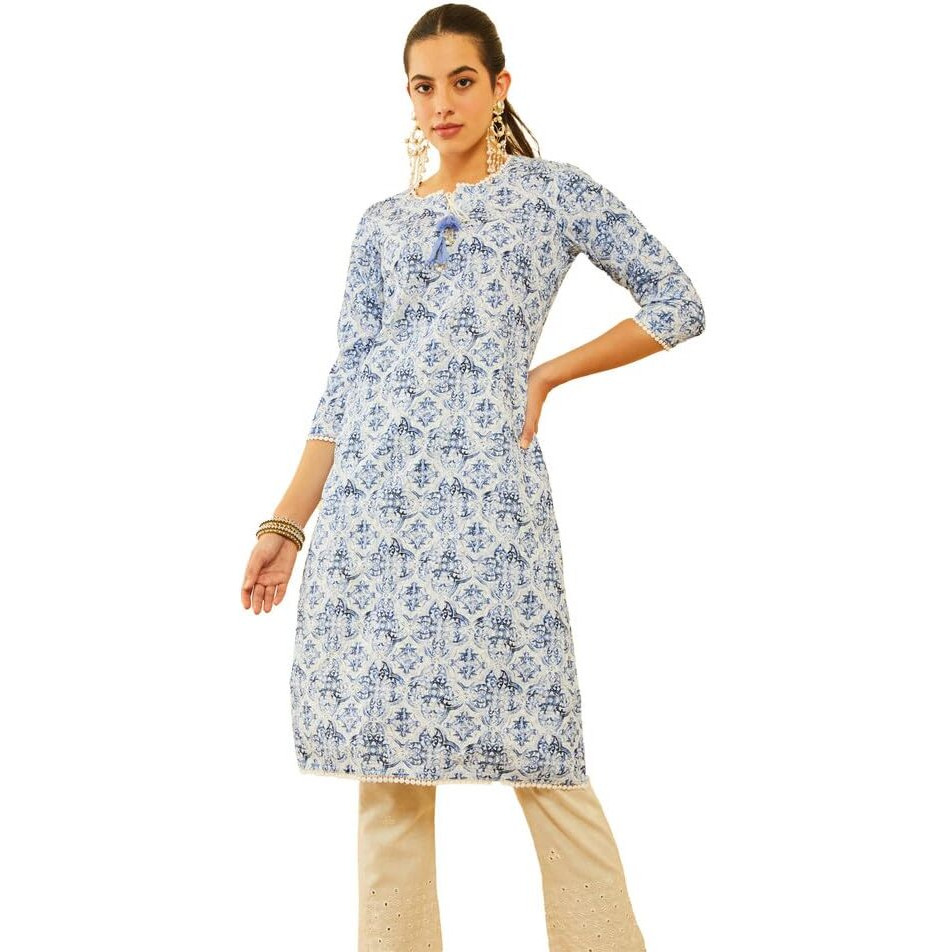 Soch Womens Blue Poly Cotton Embroidered Kurta With Tassels