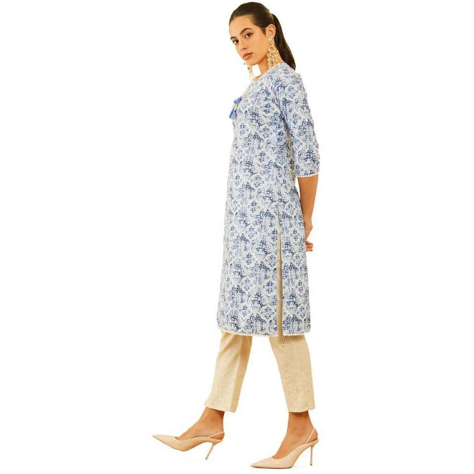 Soch Womens Blue Poly Cotton Embroidered Kurta With Tassels