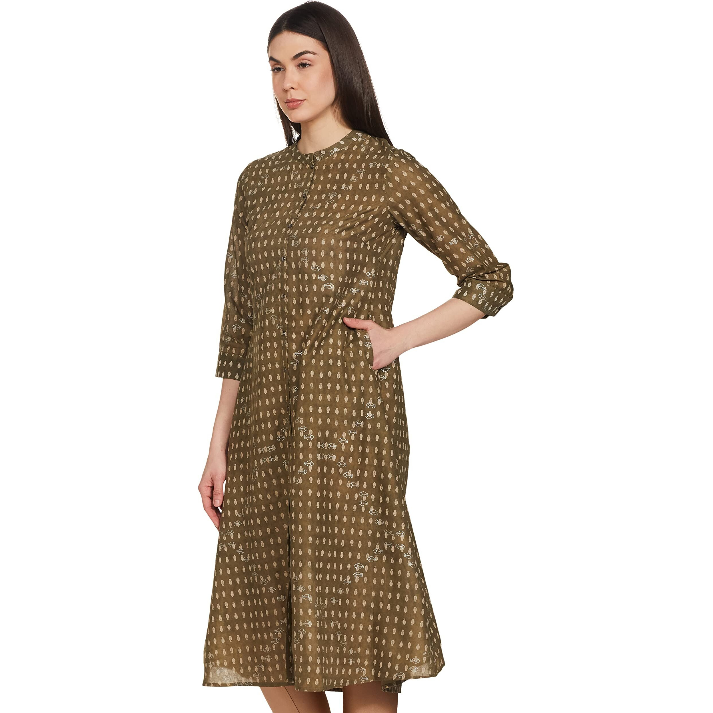 W For Woman Olive Green Printed Button Down Kurta_22Few17292-116743_M