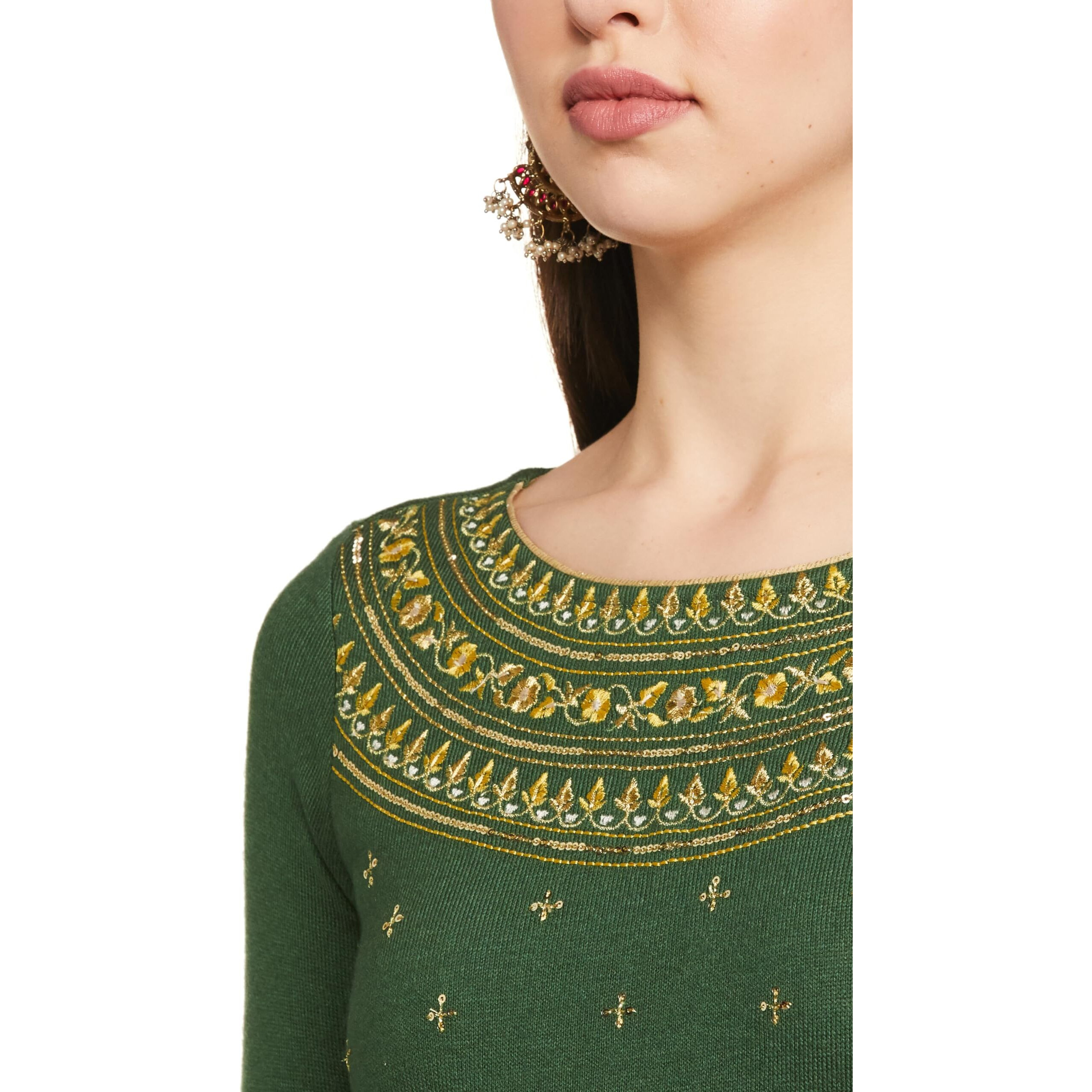 Green Winter Dress With Zari Embroidery