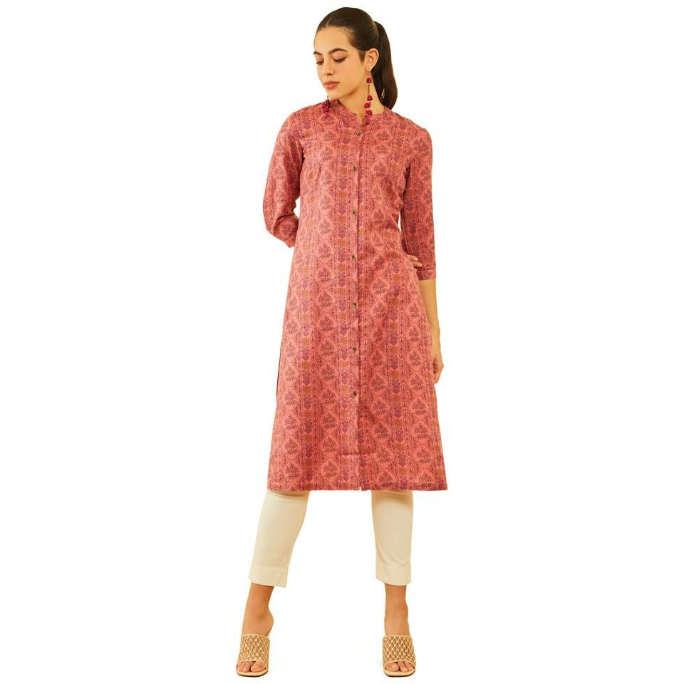 Soch Womens Peach-Coloured Rayon Floral Printed Straight Kurta