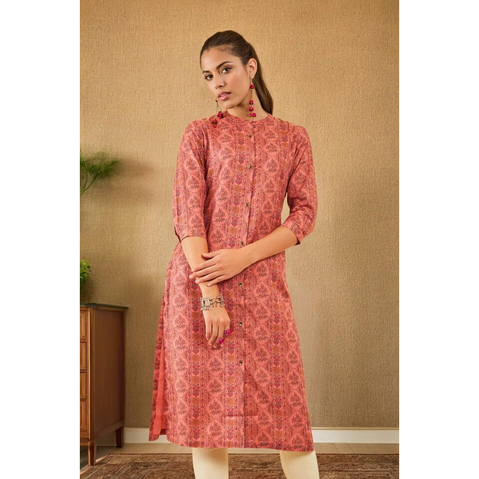 Soch Womens Peach-Coloured Rayon Floral Printed Straight Kurta