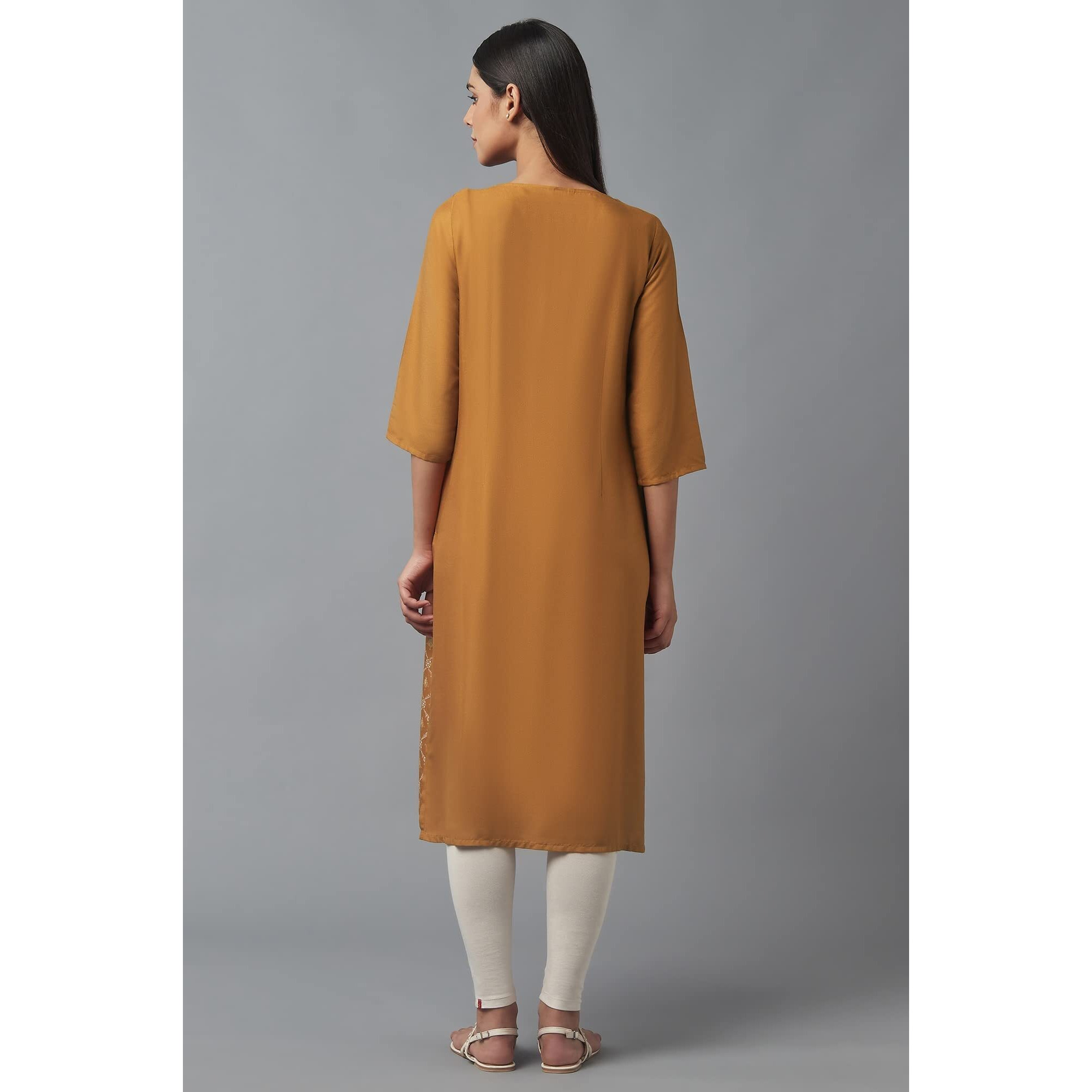 W For Woman Women's Viscose Floral Regular Kurta (22Few17575-117521_Inca Gold_2Xl)