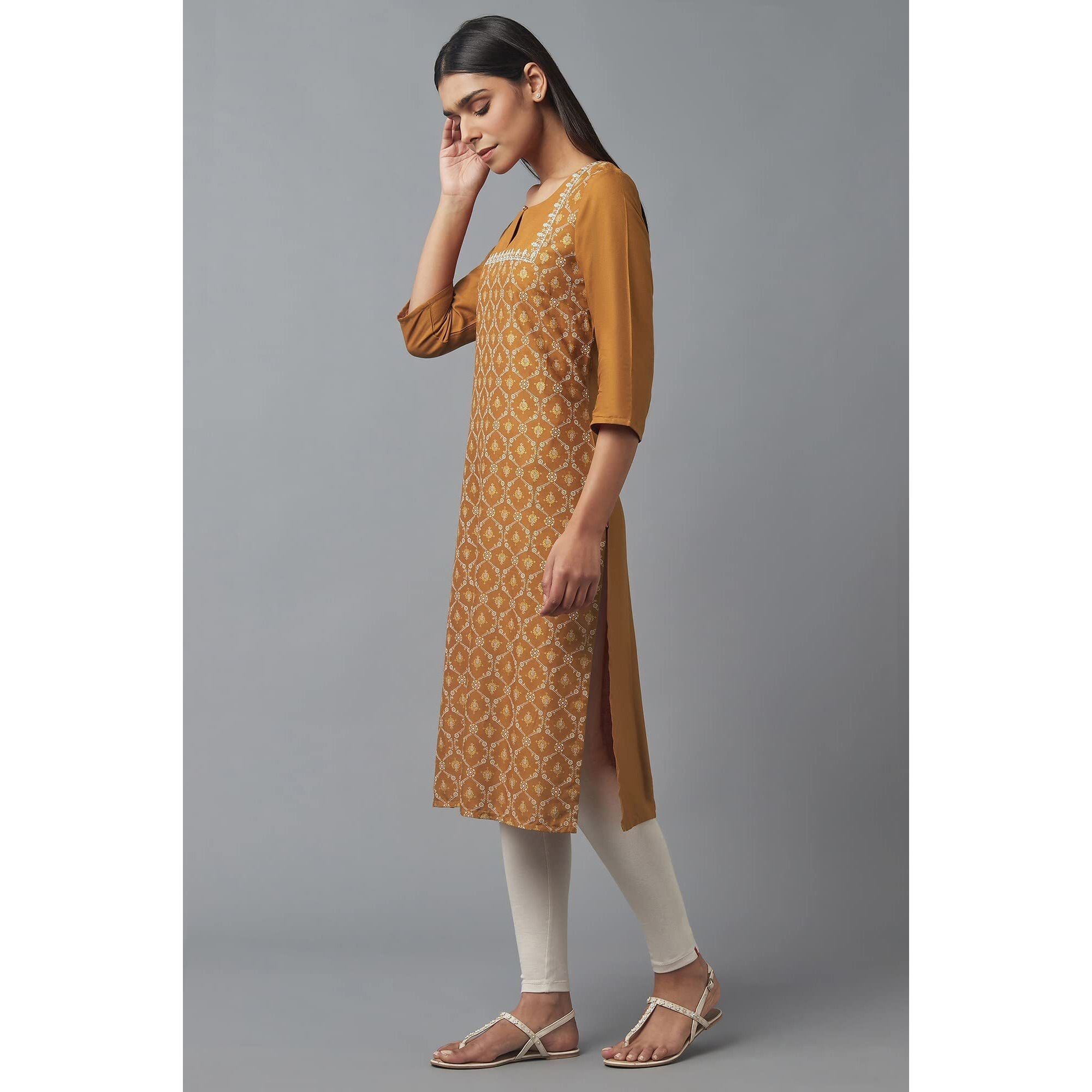W For Woman Women's Viscose Floral Regular Kurta (22Few17575-117521_Inca Gold_2Xl)