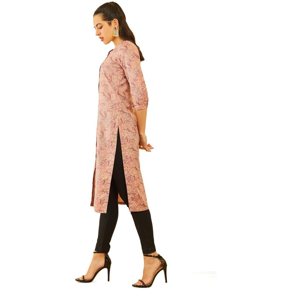 Soch Womens Peach Rayon Floral Printed Straight Kurta