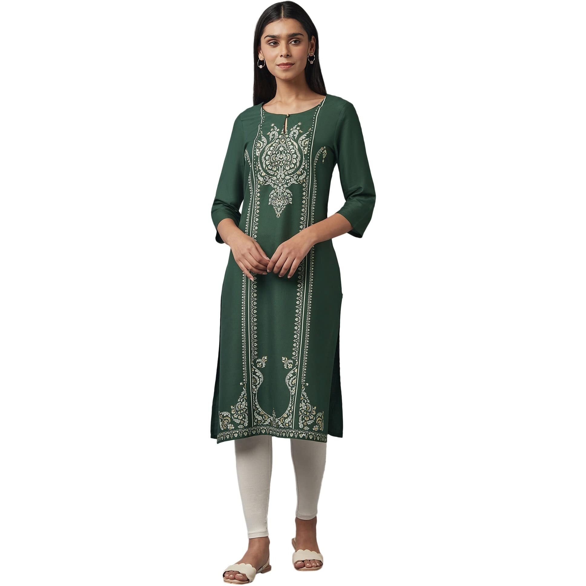 W For Woman Women's Viscose Floral Regular Kurta (22Few17569-117507_Trekking Green_S)