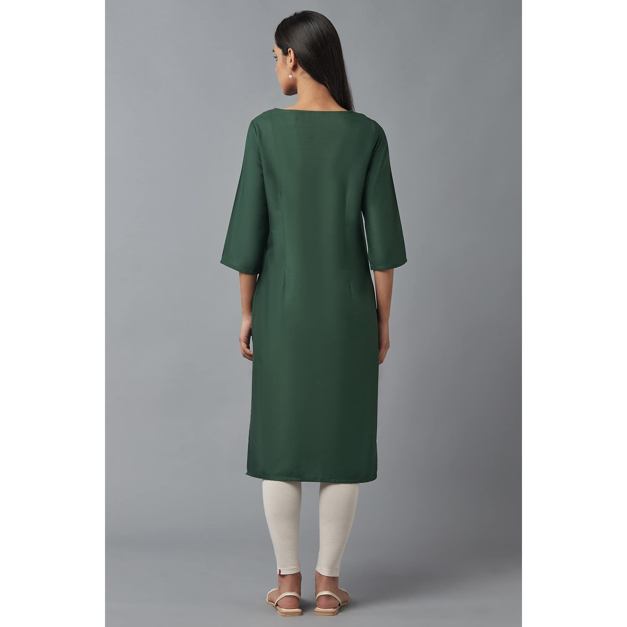 W For Woman Women's Viscose Floral Regular Kurta (22Few17569-117507_Trekking Green_S)