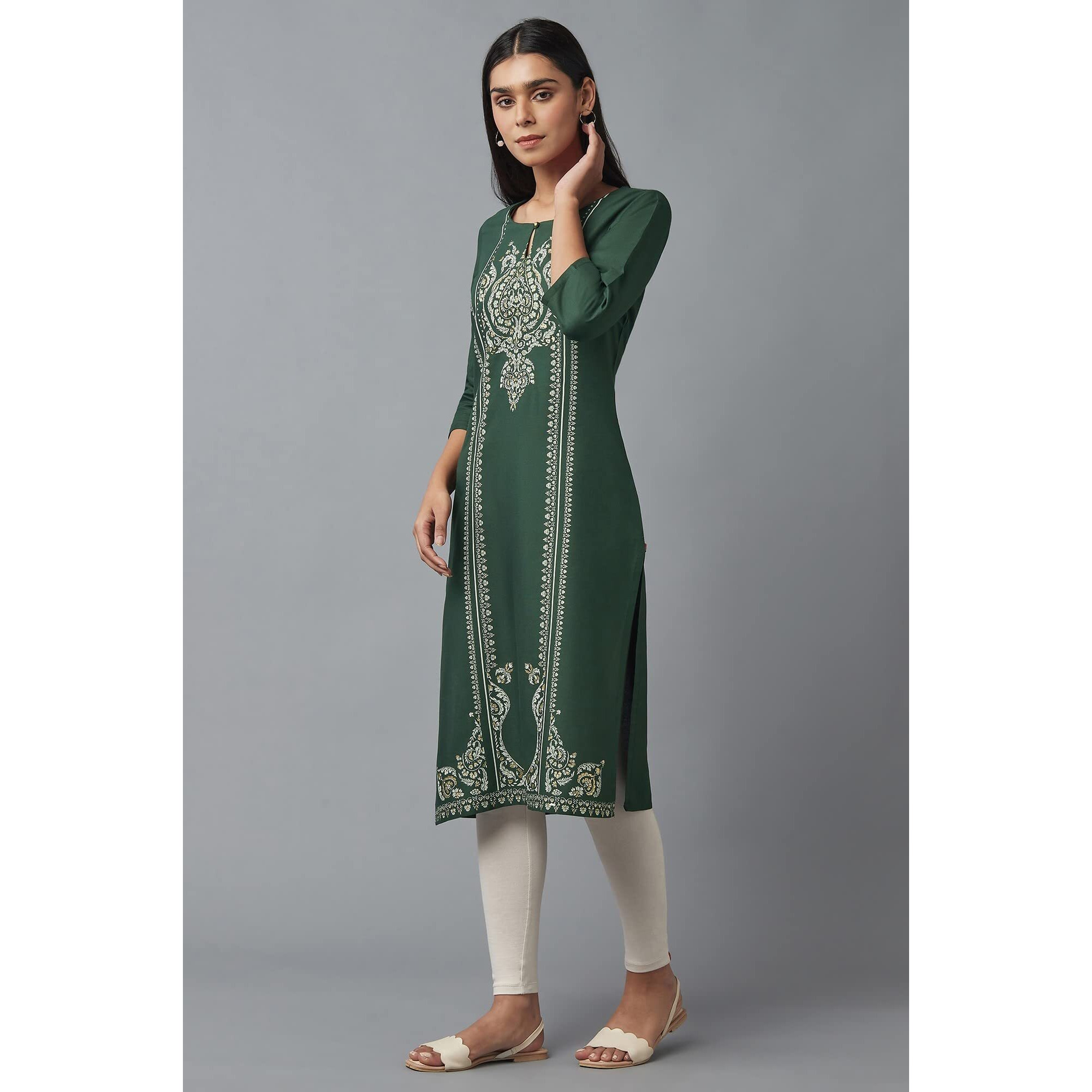 W For Woman Women's Viscose Floral Regular Kurta (22Few17569-117507_Trekking Green_S)