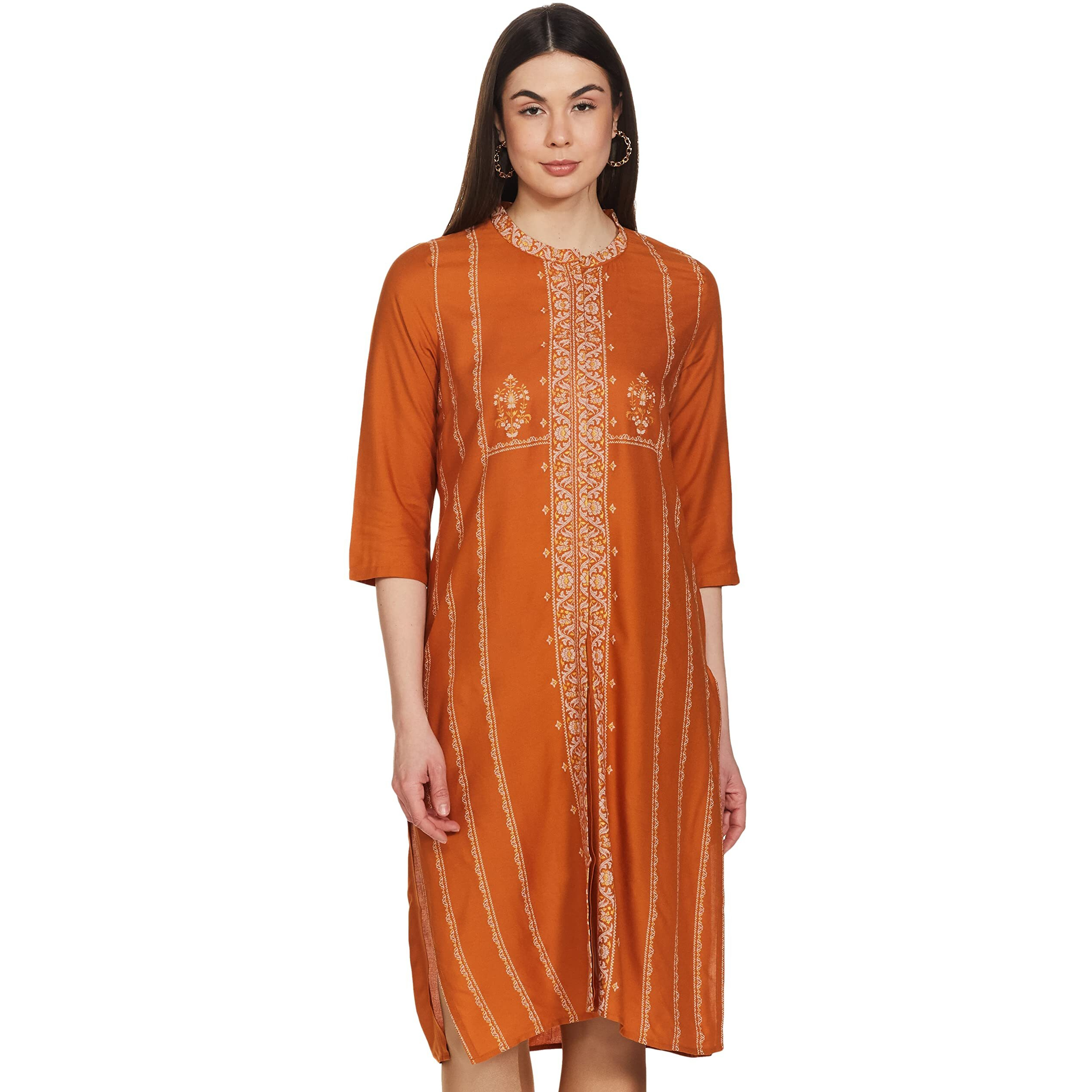 W For Woman Dark Yellow Floral Printed Straight-Long Kurta With Khadi And Embroidery