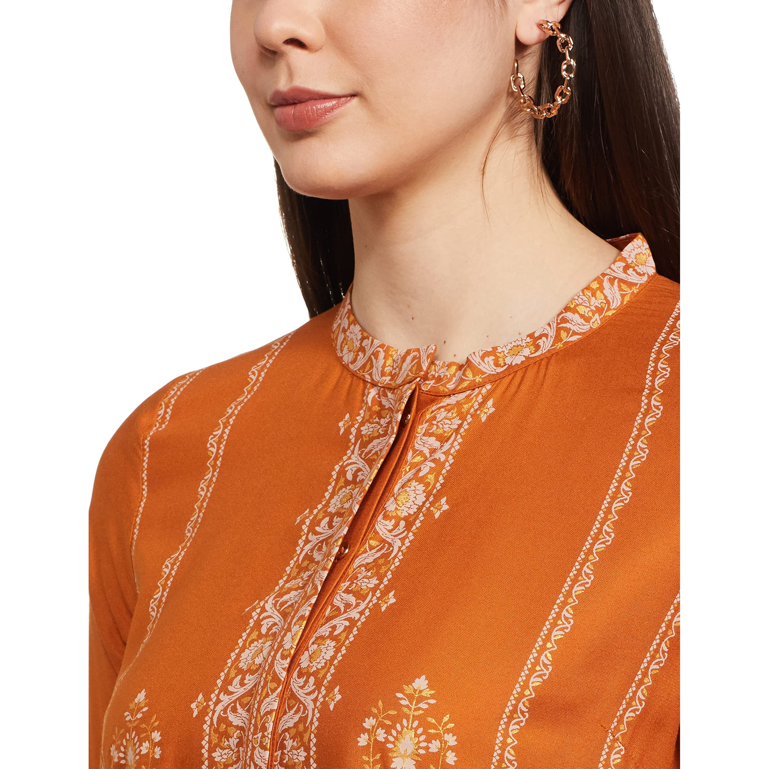 W For Woman Dark Yellow Floral Printed Straight-Long Kurta With Khadi And Embroidery
