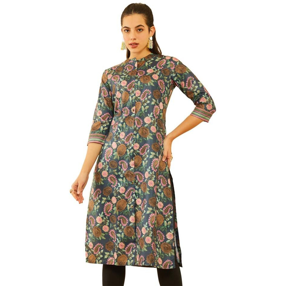 Soch Womens Charcoal Rayon Floral & Paisley Printed Straight Kurta