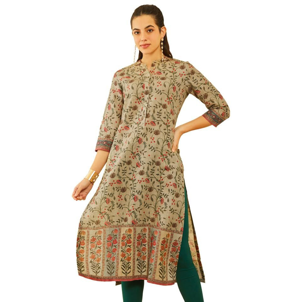 Soch Womens Olive Green Linen Floral Printed Straight Kurta