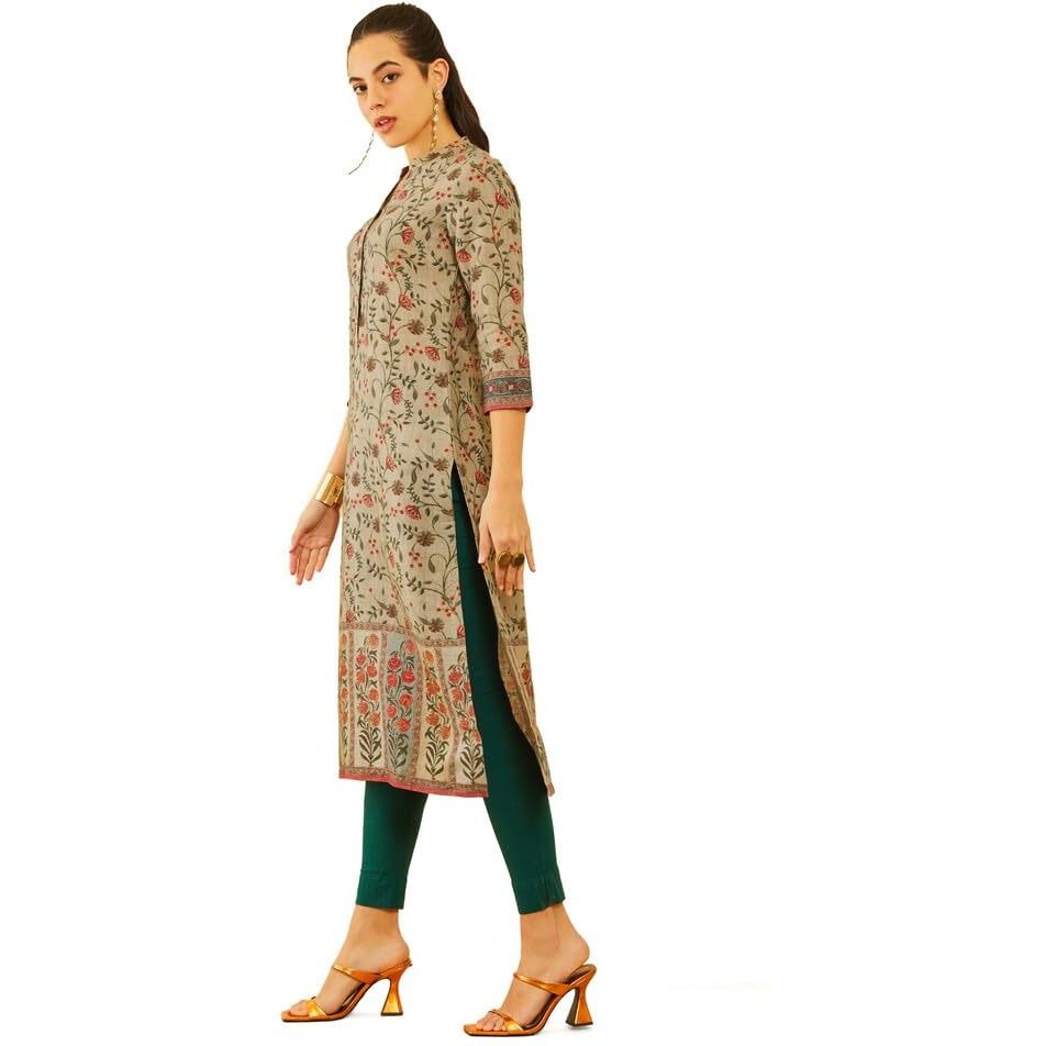 Soch Womens Olive Green Linen Floral Printed Straight Kurta