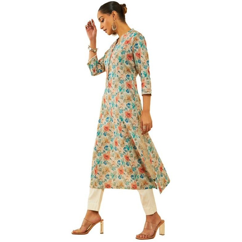 Soch Womens Beige & Green Linen Floral Printed Kurta With Lace Details
