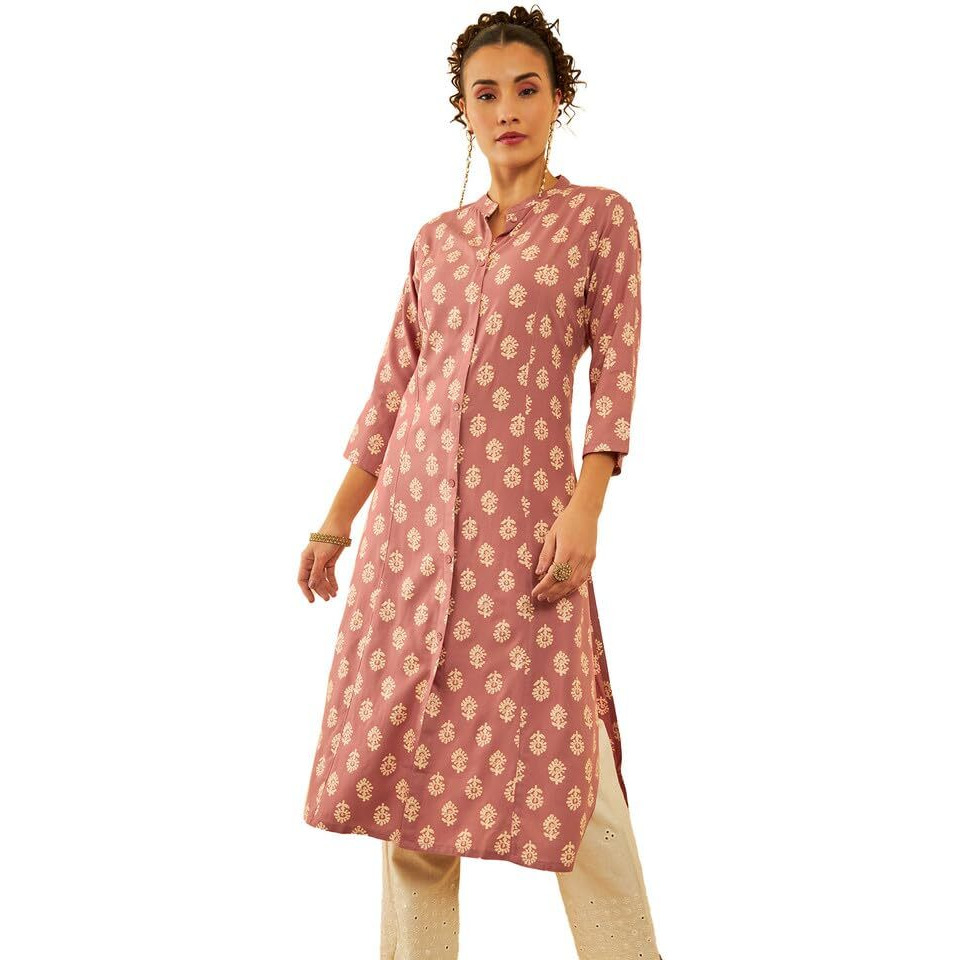 Soch Womens Peach Rayon Floral Printed Mandarin Collar Panelled Kurta