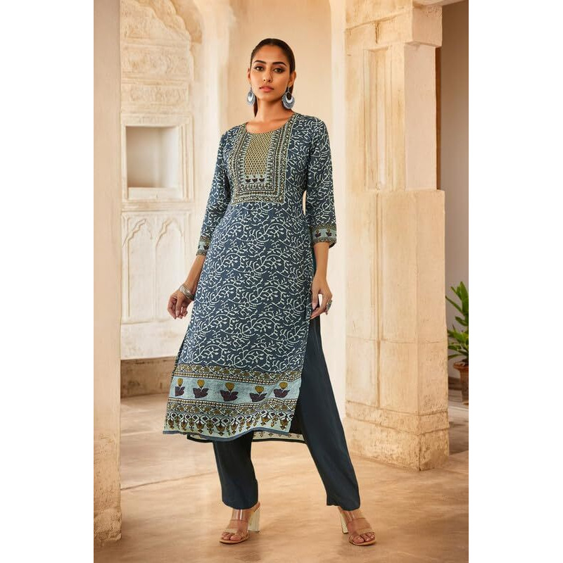 Soch Womens Navy Blue Muslin Floral Printed Embroidered Kurta Set With Beads
