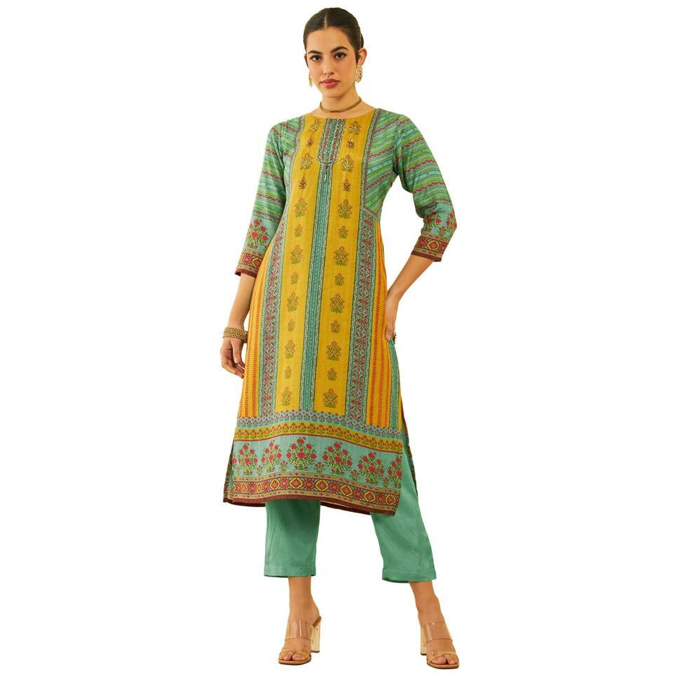 Soch Womens Green Muslin Ethnic Motif Printed Kurta Set With Sequins