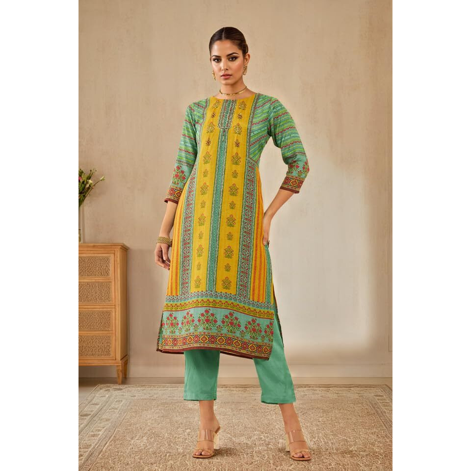 Soch Womens Green Muslin Ethnic Motif Printed Kurta Set With Sequins