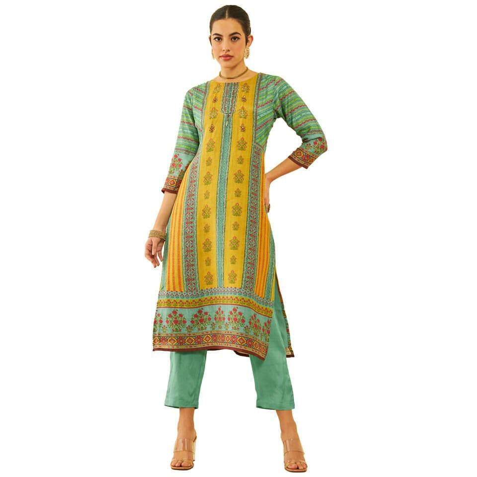 Soch Womens Green Muslin Ethnic Motif Printed Kurta Set With Sequins