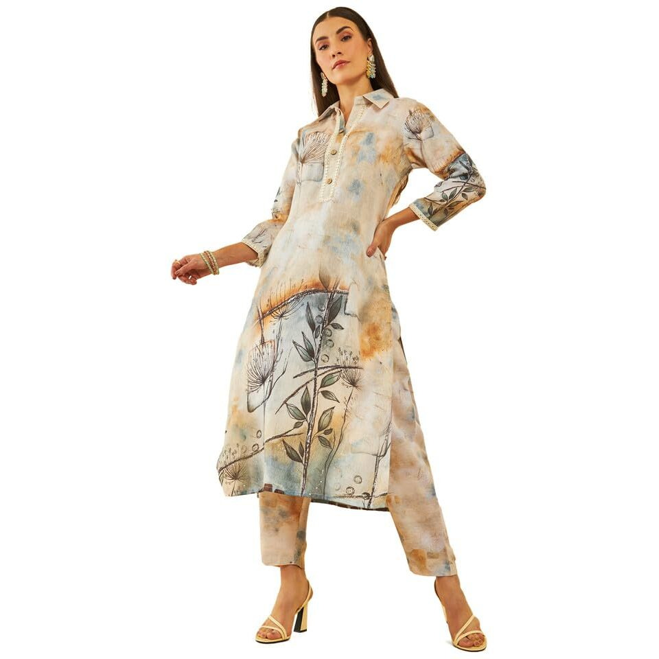 Soch Womens Beige Poly Linen Abstract Print Co-Ord Set With Faux Mirror