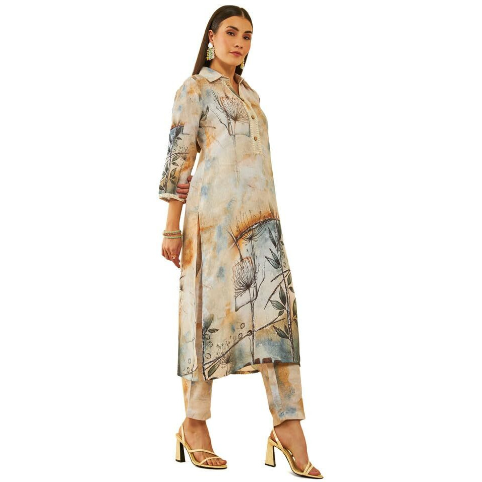 Soch Womens Beige Poly Linen Abstract Print Co-Ord Set With Faux Mirror